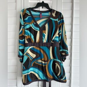 GITANO Brown Geometric Pattern 3/4 Sleeve Empire Waist V-Neck Boho Blouse 14/16